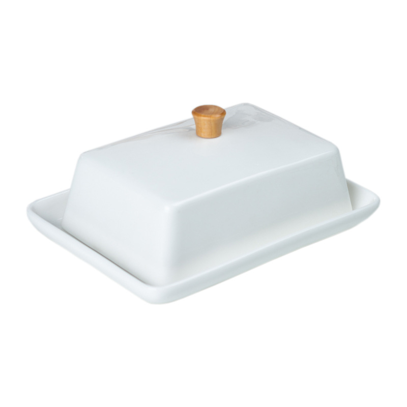 Porcelán vajtál fedéllel, téglalap alakú, skandináv stílus, bambusz és fa díszítéssel