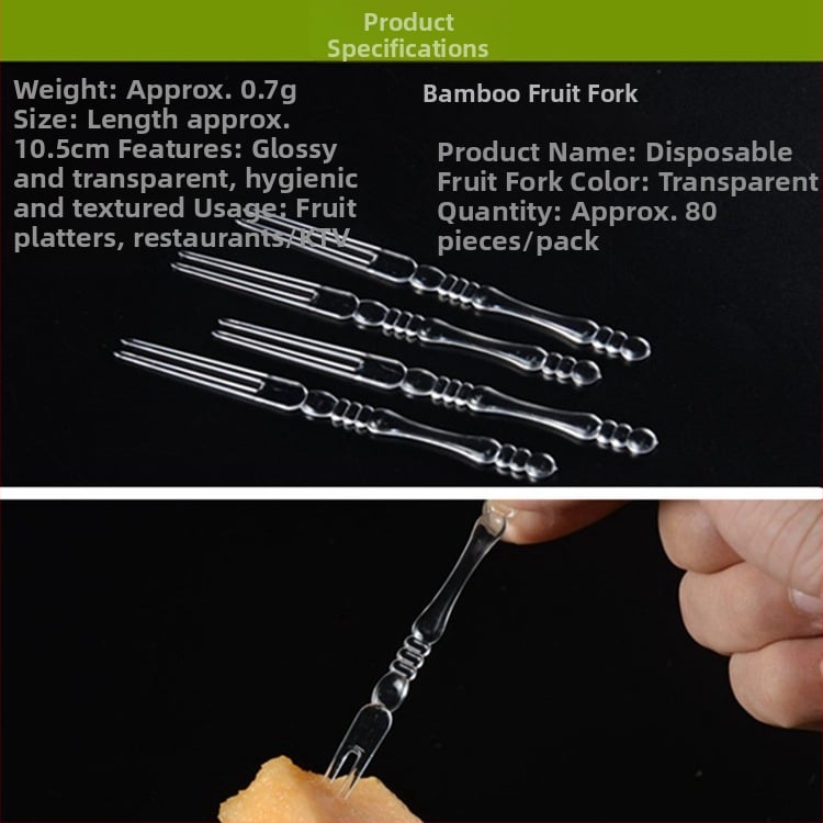 Jednorázová plastová vidlica na ovocie, značka Jubo, s logom, prispôsobiteľná výroba