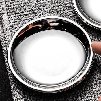 Неръждна кръгла чиния за сервиране — 201 неръждаема стомана, микровълнова безопасна, двоен финиш (една страна водно полирана, друга лъскава), печат на лого и персонализация