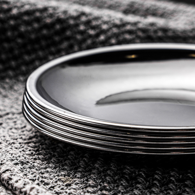 Неръждна кръгла чиния за сервиране — 201 неръждаема стомана, микровълнова безопасна, двоен финиш (една страна водно полирана, друга лъскава), печат на лого и персонализация
