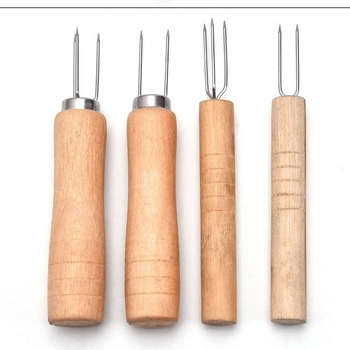 Плодова вилка с дървена дръжка, тризъбна царевичена вилка и мoxa игла