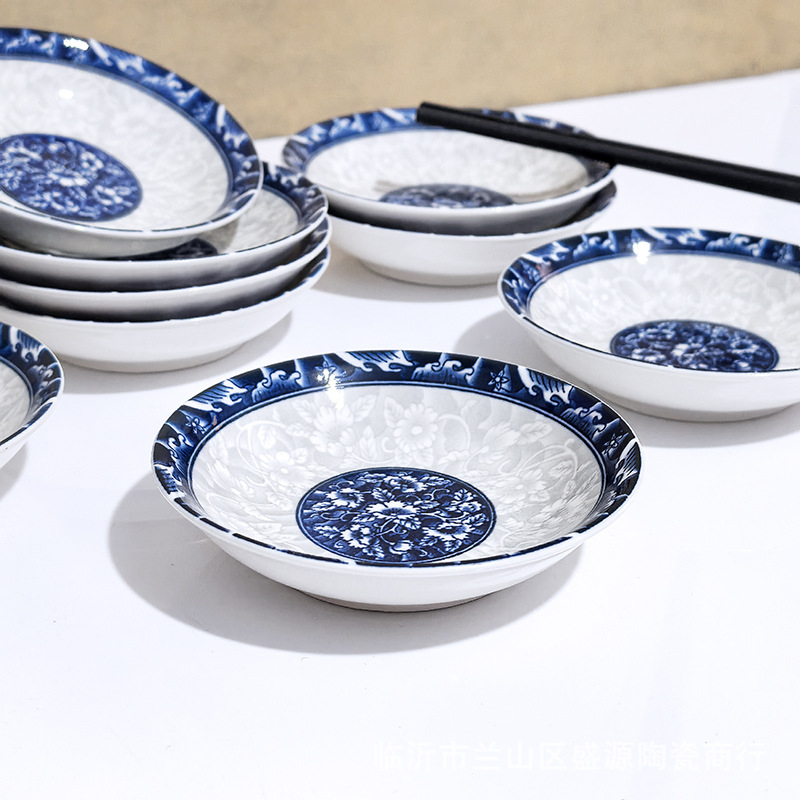 Porcelán kör alakú tál, underglaze díszítéssel, új kínai stílus, mikróban is használható