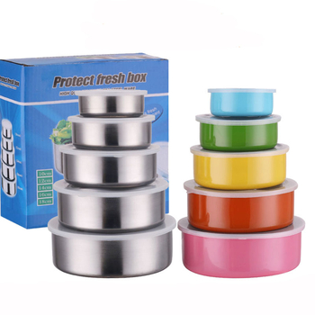 Öt darabos rozsdamentes acél ételtároló készlet, kör alakú, hőmegőrzés, 1–2 L kapacitás, egyrétegű