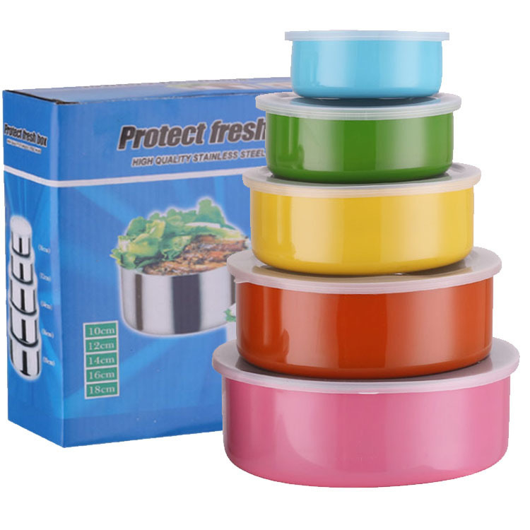 Öt darabos rozsdamentes acél ételtároló készlet, kör alakú, hőmegőrzés, 1–2 L kapacitás, egyrétegű