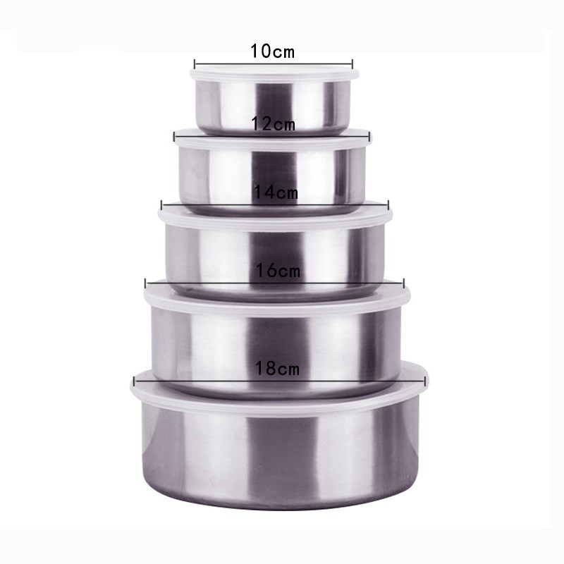 Öt darabos rozsdamentes acél ételtároló készlet, kör alakú, hőmegőrzés, 1–2 L kapacitás, egyrétegű