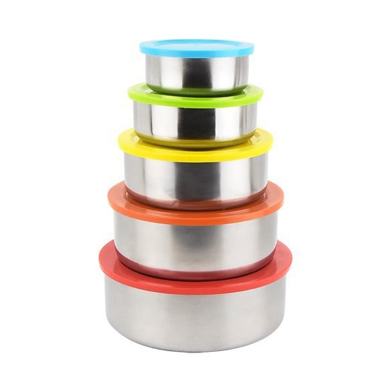 Öt darabos rozsdamentes acél ételtároló készlet, kör alakú, hőmegőrzés, 1–2 L kapacitás, egyrétegű