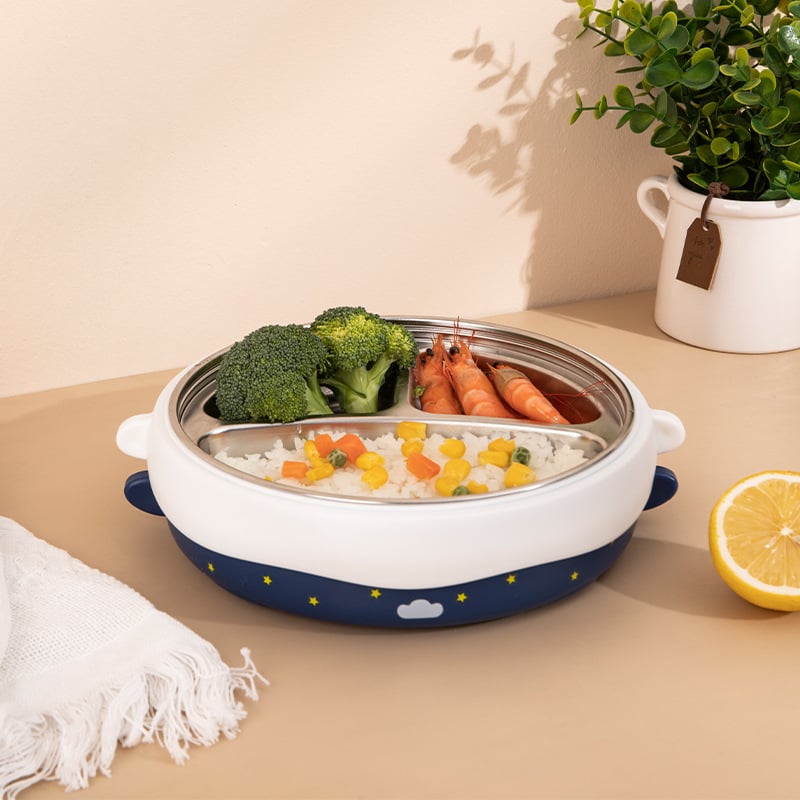 Gyerekeknek szóló kerek rozsdamentes acél ebédes doboz 316, ütésálló és égésálló, vízbefecskendezéses szigeteléssel, 3 rekeszes készlet, szívókorongos rögzítéssel