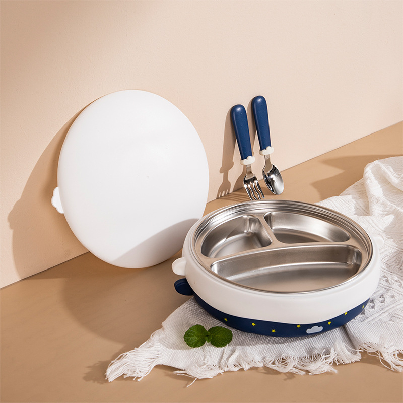 Gyerekeknek szóló kerek rozsdamentes acél ebédes doboz 316, ütésálló és égésálló, vízbefecskendezéses szigeteléssel, 3 rekeszes készlet, szívókorongos rögzítéssel