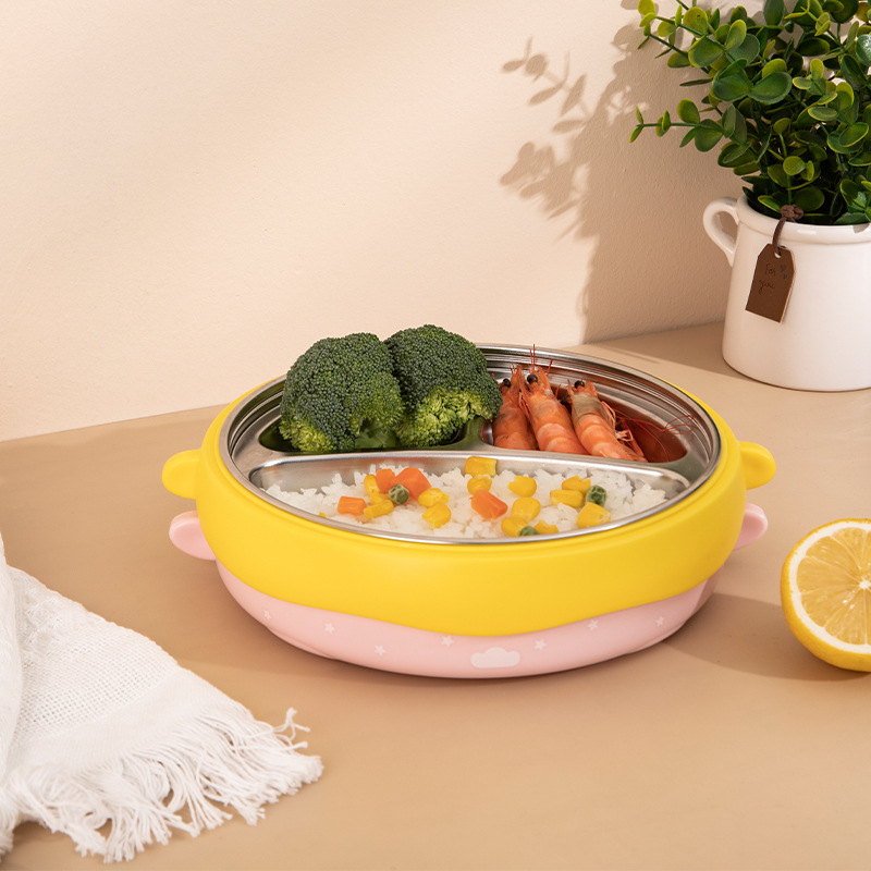 Gyerekeknek szóló kerek rozsdamentes acél ebédes doboz 316, ütésálló és égésálló, vízbefecskendezéses szigeteléssel, 3 rekeszes készlet, szívókorongos rögzítéssel