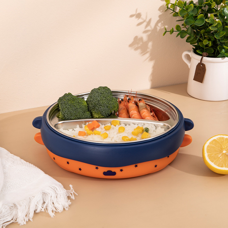 Gyerekeknek szóló kerek rozsdamentes acél ebédes doboz 316, ütésálló és égésálló, vízbefecskendezéses szigeteléssel, 3 rekeszes készlet, szívókorongos rögzítéssel