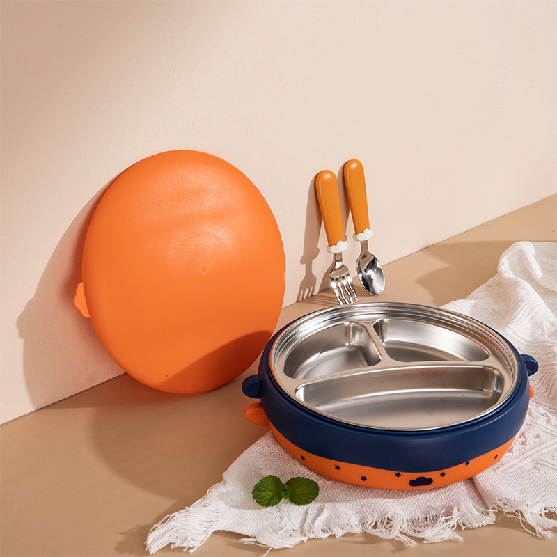 Gyerekeknek szóló kerek rozsdamentes acél ebédes doboz 316, ütésálló és égésálló, vízbefecskendezéses szigeteléssel, 3 rekeszes készlet, szívókorongos rögzítéssel