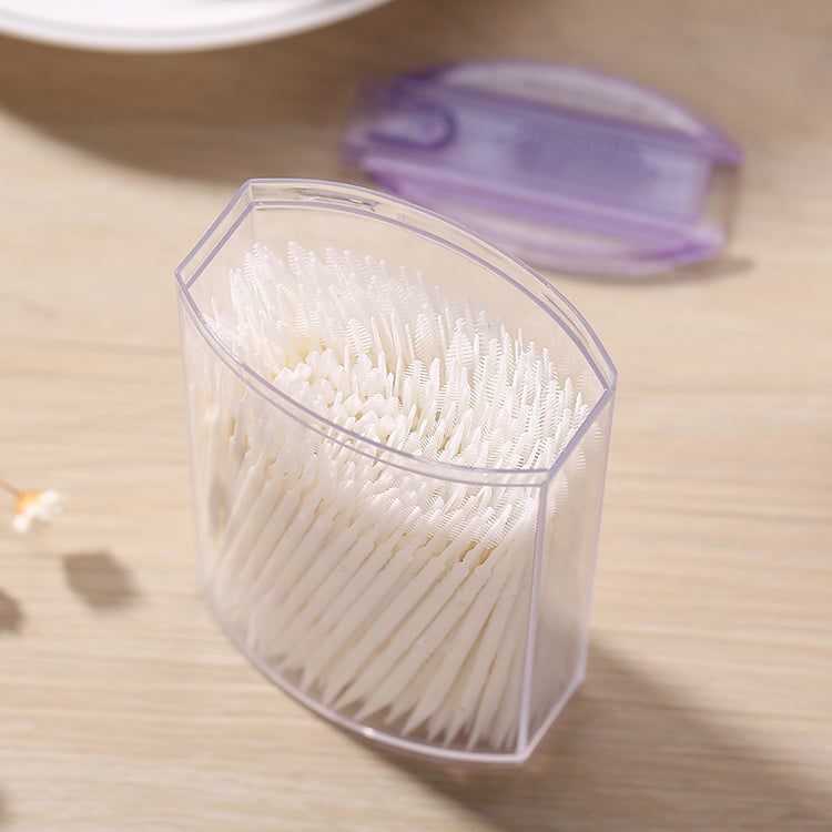 Еднократни пластмасови зъбни клечки в овална кутия, с двойни върхове