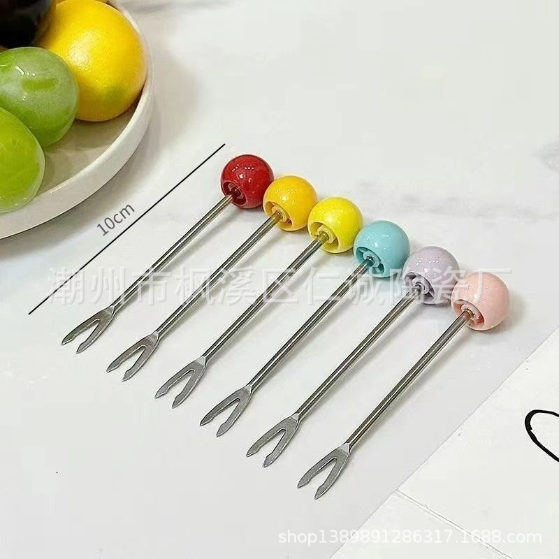 Плодова вилица с двузъбна конструкция и кръгла топка, от неръждаема стомана, свеж и сладък стил