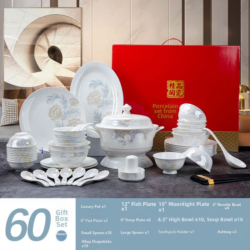 Porcelanski servis posuđa, 56 kom., svijetli luksuzni retro stil, završni premaz s preglazom, pogodan za mikrovalnu