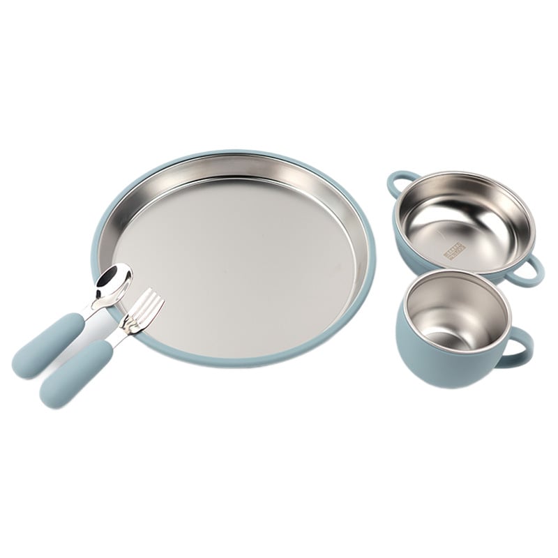Yuzus set de masă pentru bebeluși din oțel inoxidabil 304 – toate într-unul, farfurie anti-alunecare, 5 piese, pentru copii peste 3 luni