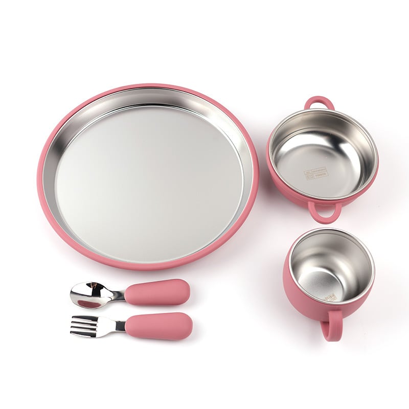 Yuzus set de masă pentru bebeluși din oțel inoxidabil 304 – toate într-unul, farfurie anti-alunecare, 5 piese, pentru copii peste 3 luni