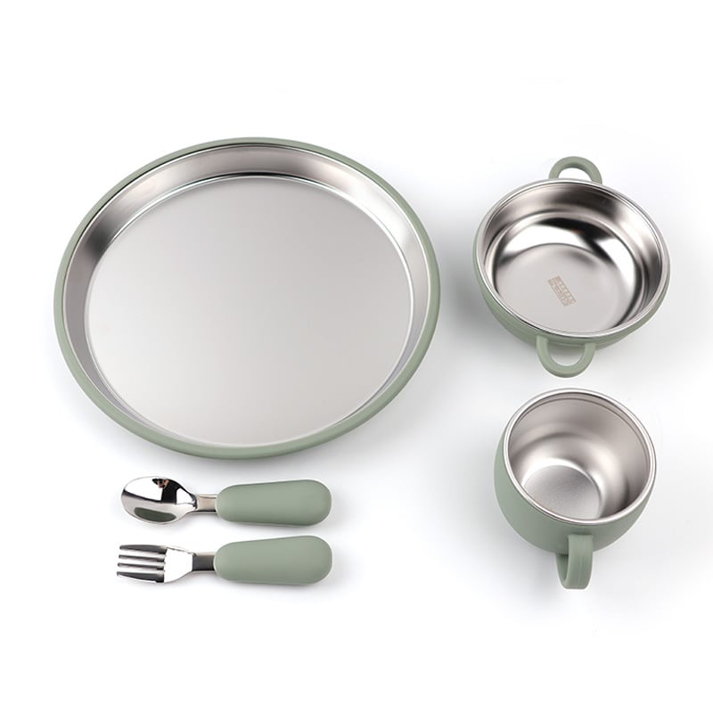 Yuzus set de masă pentru bebeluși din oțel inoxidabil 304 – toate într-unul, farfurie anti-alunecare, 5 piese, pentru copii peste 3 luni