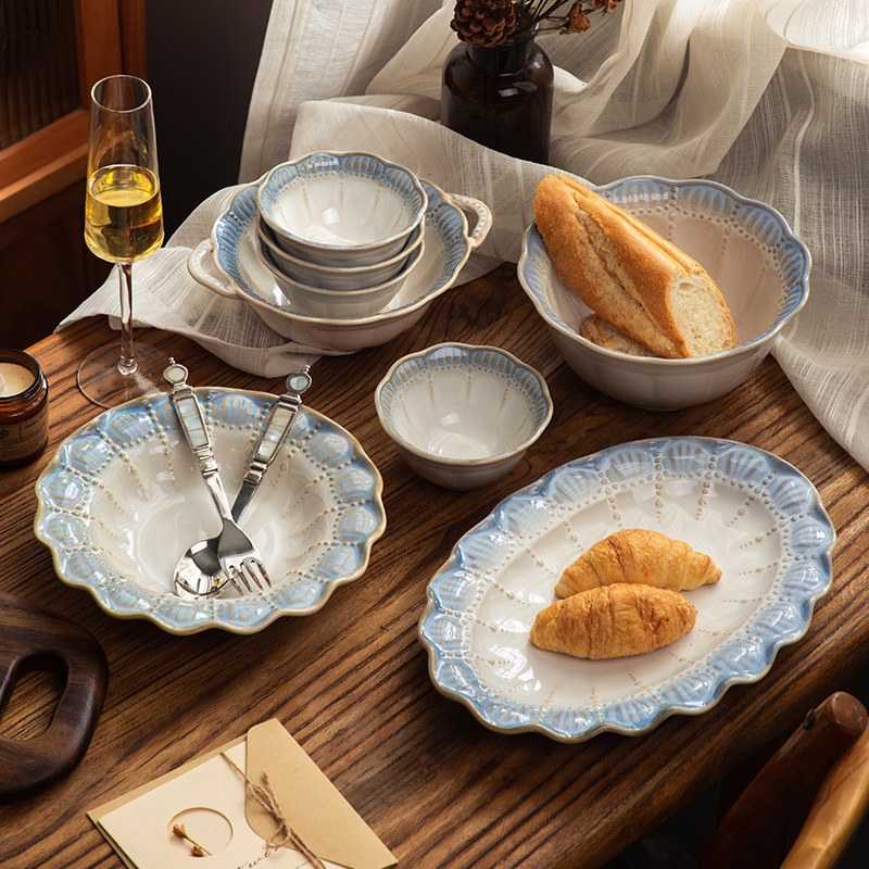 Sumeiji porcelin set posuđa s rižinim zdjelicama i tanjurima – mikrovalna kompatibilnost, francuski reljefni uzorak, tisk logotipa i prilagodba dostupni