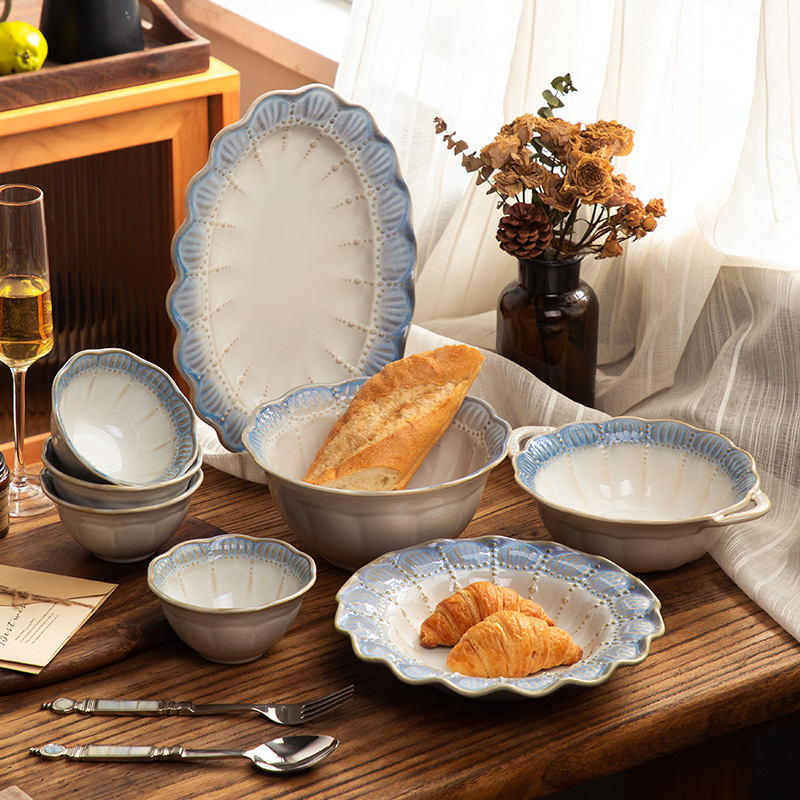 Sumeiji porcelin set posuđa s rižinim zdjelicama i tanjurima – mikrovalna kompatibilnost, francuski reljefni uzorak, tisk logotipa i prilagodba dostupni