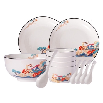 Porcelanski kvadratni set zdjela i tanjura – dezen jelena, lagani luksuzni stil, pogodna za mikrovalnu, King yingli