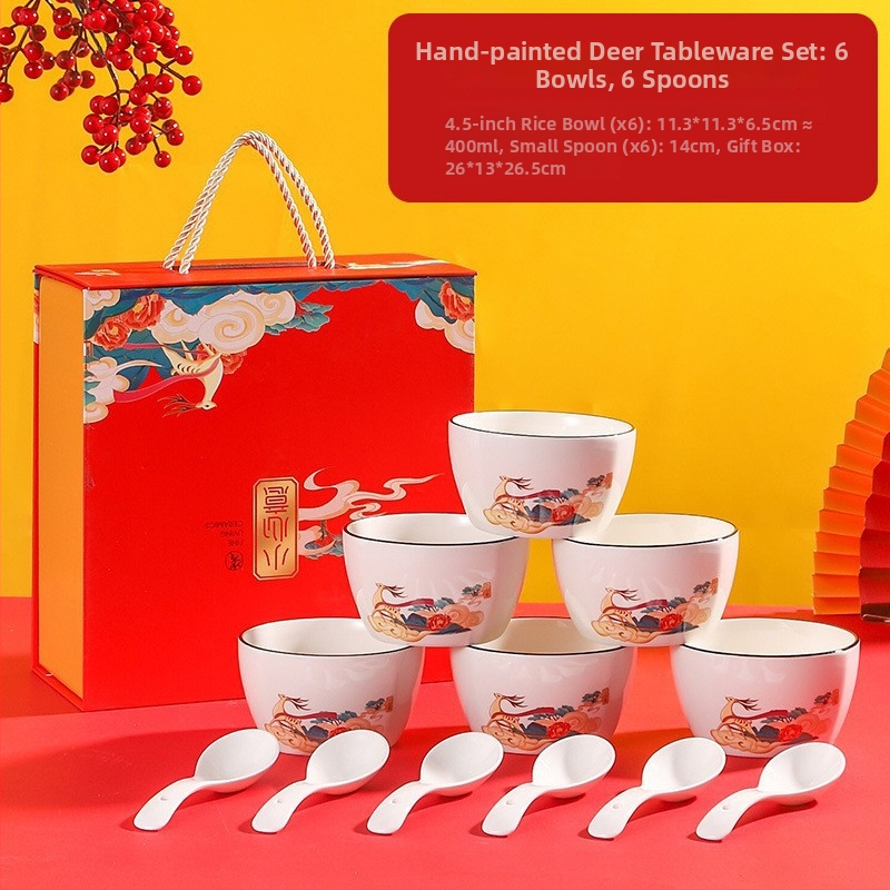 Porcelanski kvadratni set zdjela i tanjura – dezen jelena, lagani luksuzni stil, pogodna za mikrovalnu, King yingli