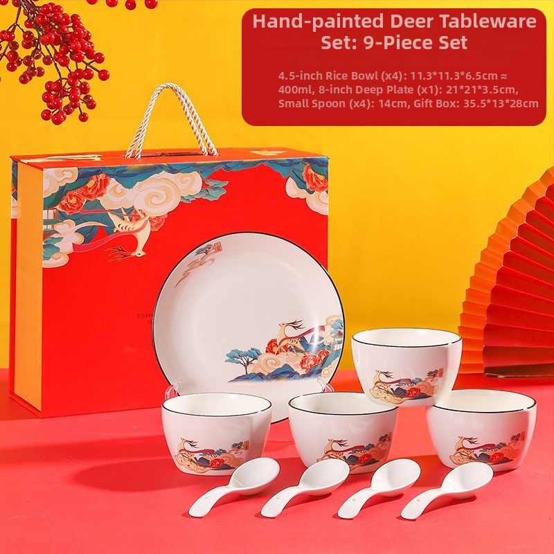 Porcelanski kvadratni set zdjela i tanjura – dezen jelena, lagani luksuzni stil, pogodna za mikrovalnu, King yingli