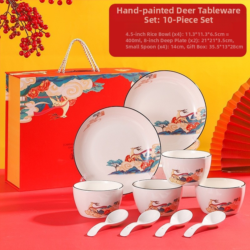 Porcelanski kvadratni set zdjela i tanjura – dezen jelena, lagani luksuzni stil, pogodna za mikrovalnu, King yingli