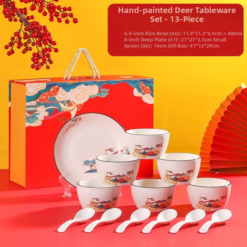 Porcelanski kvadratni set zdjela i tanjura – dezen jelena, lagani luksuzni stil, pogodna za mikrovalnu, King yingli
