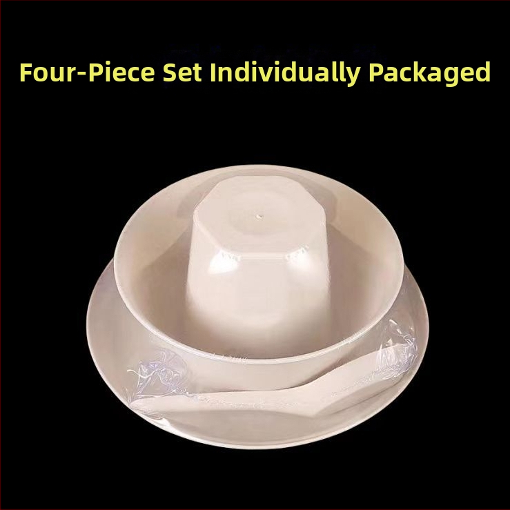 Jednorazový riad z ryžovej šupky, štvordielny set, biologicky rozložiteľný, potravinárska kvalita, okrúhle misky a paličky, objem 300 ml, balenie 100 súprav