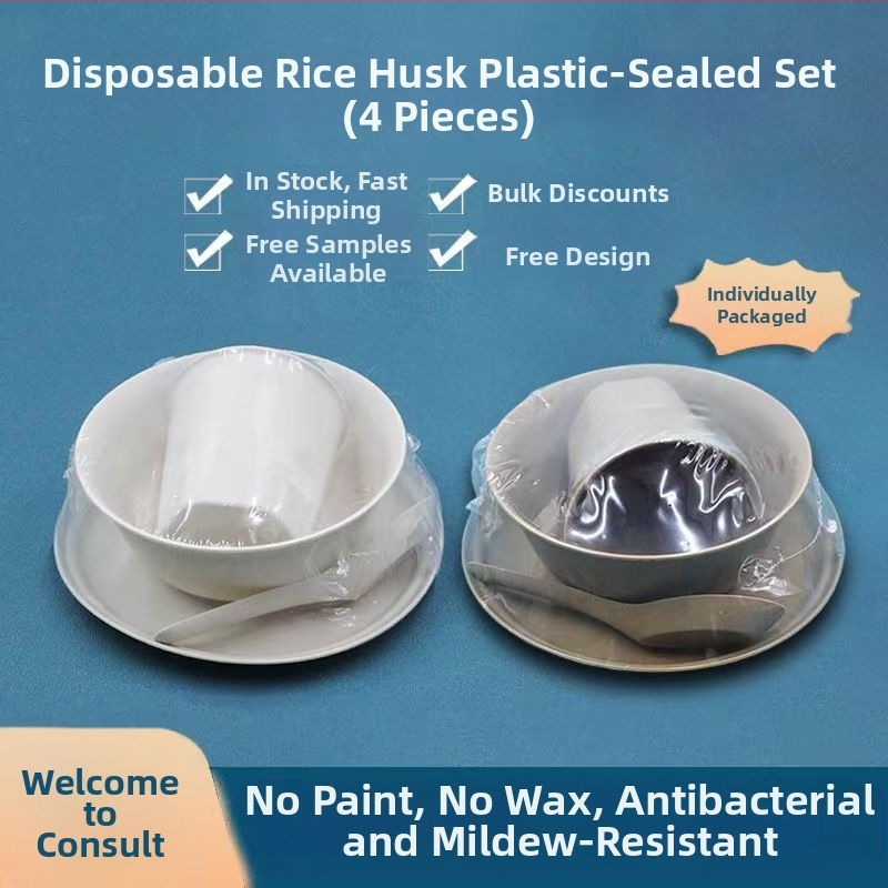 Jednorazový riad z ryžovej šupky, štvordielny set, biologicky rozložiteľný, potravinárska kvalita, okrúhle misky a paličky, objem 300 ml, balenie 100 súprav