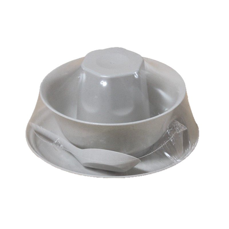 Set de veselă de unică folosință din coajă de orez, patru piese, biodegradabil, de calitate alimentară, boluri rotunde și bețișoare, capacitate 300 ml, pachet cu 100 de seturi