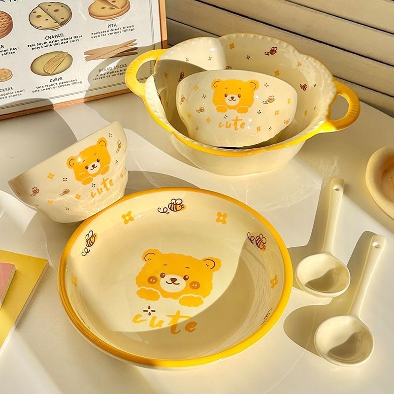 Bee Bear keramički set zdjela i tanjura za jednu osobu, cartoon uzorak, podglazurna boja, okrugli oblik, mikrovalna pećnica kompatibilno