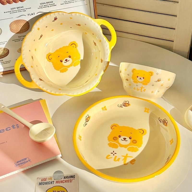 Bee Bear keramički set zdjela i tanjura za jednu osobu, cartoon uzorak, podglazurna boja, okrugli oblik, mikrovalna pećnica kompatibilno