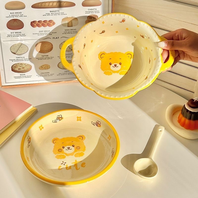 Bee Bear keramički set zdjela i tanjura za jednu osobu, cartoon uzorak, podglazurna boja, okrugli oblik, mikrovalna pećnica kompatibilno