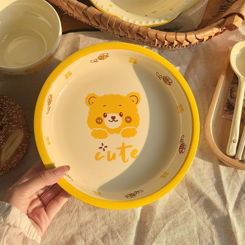 Bee Bear keramički set zdjela i tanjura za jednu osobu, cartoon uzorak, podglazurna boja, okrugli oblik, mikrovalna pećnica kompatibilno