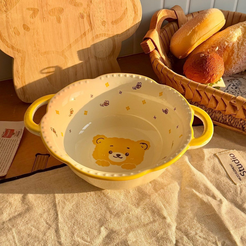 Bee Bear keramički set zdjela i tanjura za jednu osobu, cartoon uzorak, podglazurna boja, okrugli oblik, mikrovalna pećnica kompatibilno