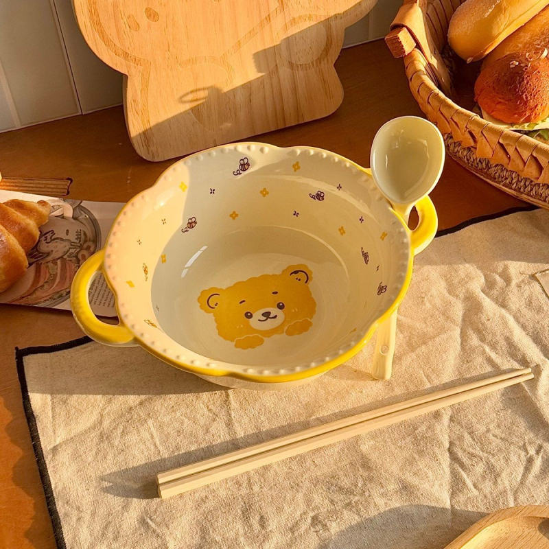 Bee Bear keramički set zdjela i tanjura za jednu osobu, cartoon uzorak, podglazurna boja, okrugli oblik, mikrovalna pećnica kompatibilno