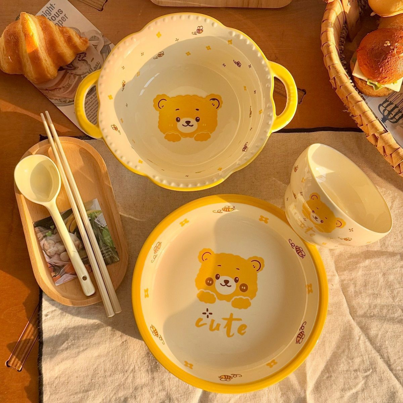 Bee Bear keramički set zdjela i tanjura za jednu osobu, cartoon uzorak, podglazurna boja, okrugli oblik, mikrovalna pećnica kompatibilno