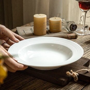 Keramička ploča s dizajnom slamnatog šešira, čista bijela, duboki tanjur za kućnu uporabu, tanjur za salatu i tjesteninu, zapadni stil, promjer 20 cm