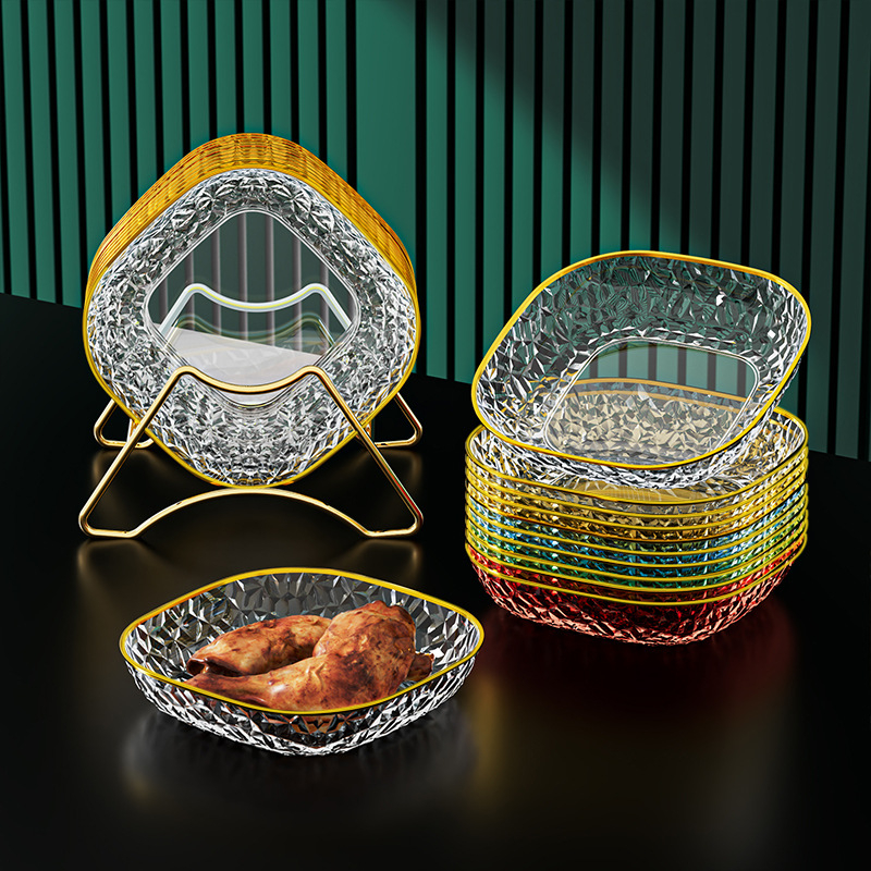 PET квадратна чиния, хранителен клас, микровълнова безопасна, повърхност с позлатено печатване