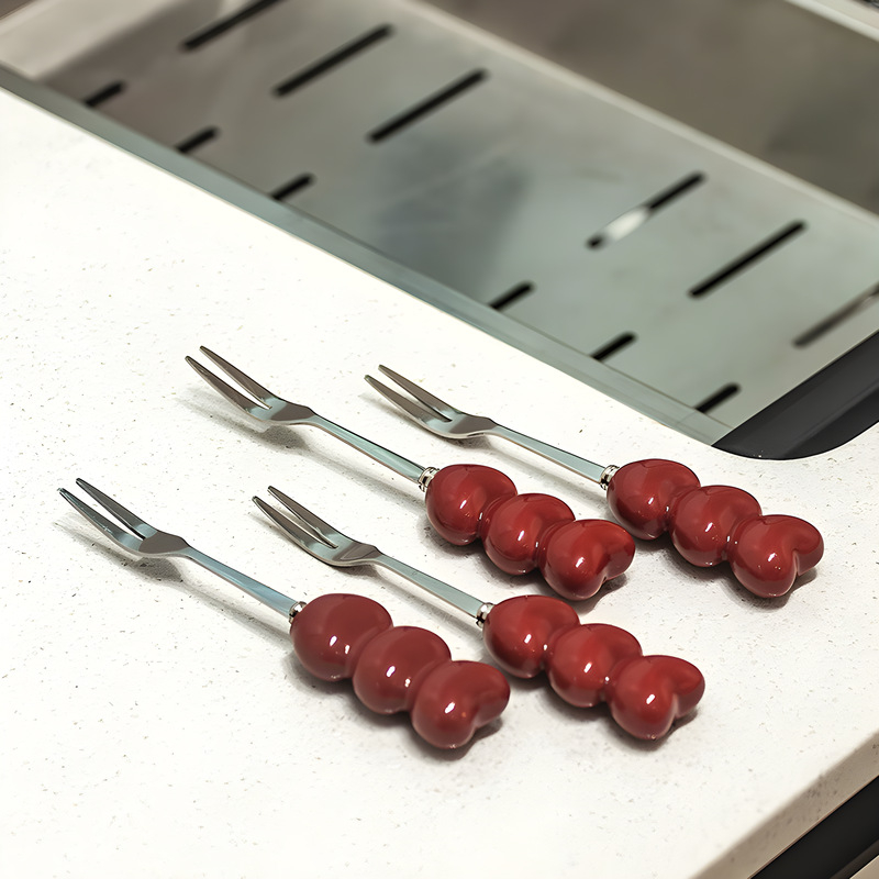 Gyümölcs villa készlet kerámiás tárolóval és rozsdamentes acél kis villákkal, aranyos stílus, tükörfényes felület