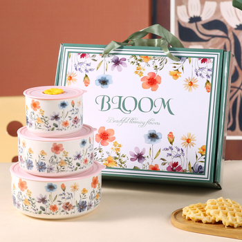 Porcelanska zdjela za čuvanje svježine, trodijelni set s drškom i zatvorenim poklopcem, mikrovalna sigurnost, zdjela za juhu i rezance, sladak crtani stil