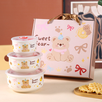 Porcelanska zdjela za čuvanje svježine, trodijelni set s drškom i zatvorenim poklopcem, mikrovalna sigurnost, zdjela za juhu i rezance, sladak crtani stil