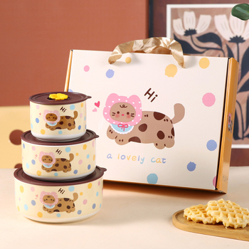 Porcelanska zdjela za čuvanje svježine, trodijelni set s drškom i zatvorenim poklopcem, mikrovalna sigurnost, zdjela za juhu i rezance, sladak crtani stil