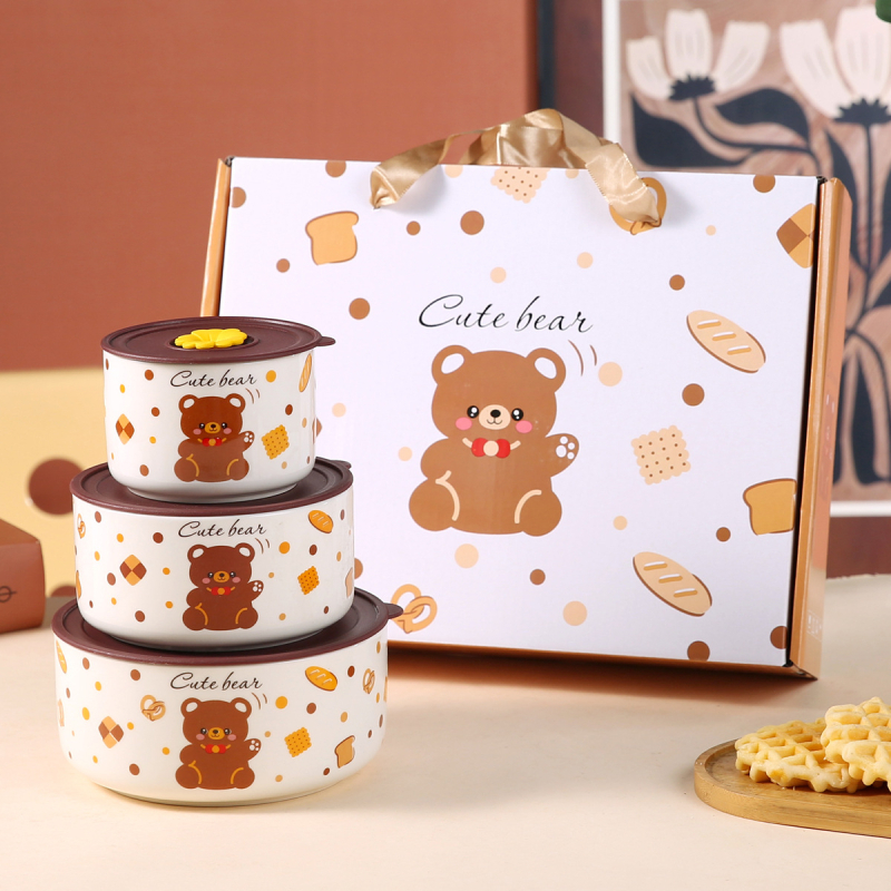 Porcelanska zdjela za čuvanje svježine, trodijelni set s drškom i zatvorenim poklopcem, mikrovalna sigurnost, zdjela za juhu i rezance, sladak crtani stil