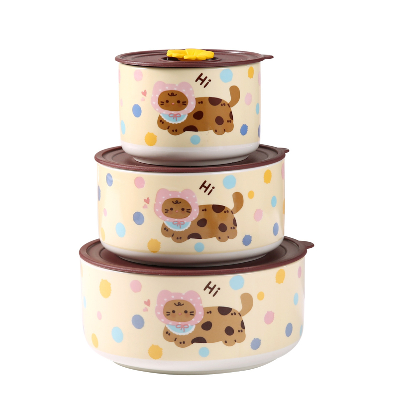 Porcelanska zdjela za čuvanje svježine, trodijelni set s drškom i zatvorenim poklopcem, mikrovalna sigurnost, zdjela za juhu i rezance, sladak crtani stil