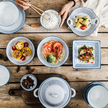 Keramički set posuđa u japanskom stilu, prugasti uzorak, ispod glazure, pogodan za mikrovalnu