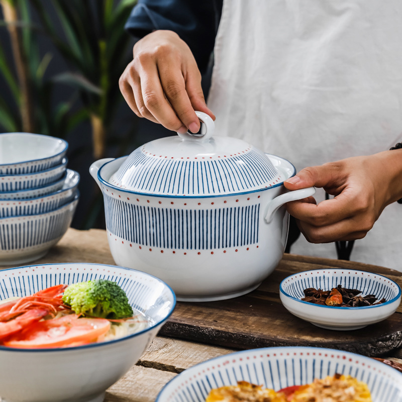Keramički set posuđa u japanskom stilu, prugasti uzorak, ispod glazure, pogodan za mikrovalnu