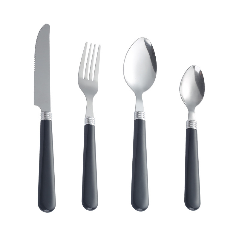 Četverosni set pribora od nehrđajućeg čelika: nož, vilica, žlica i desertna žlica; 410 nehrđajući čelik; poliranje mlazom vode; debeli dizajn; jednobojan