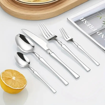 Set posuđa od nehrđajućeg čelika 40/60 komada, nož, vilica i žlica; 410 nehrđajući čelik, ogledno poliranje; moderni minimalistički stil; za hotele i restorane; boje: srebrna, zlatna, crna